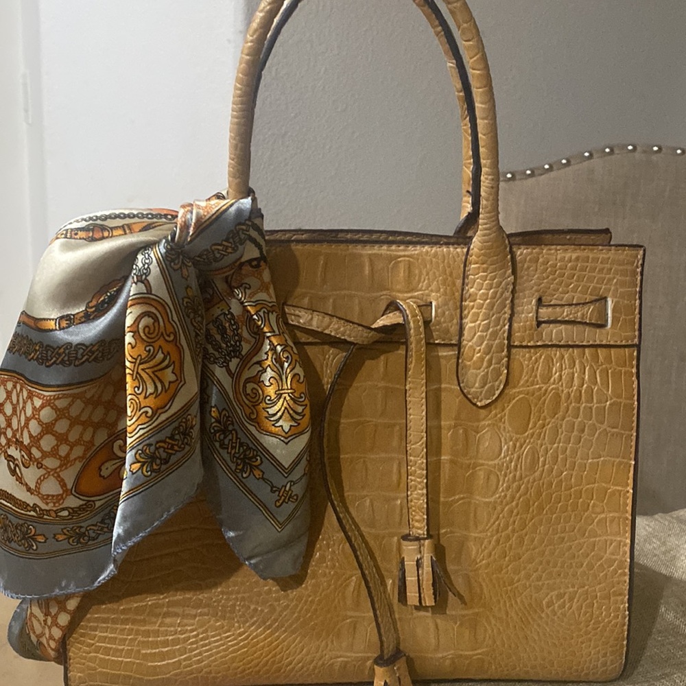 Vintage faux Crocodile textured tote bag, camel + scarf. Resembles a birkin